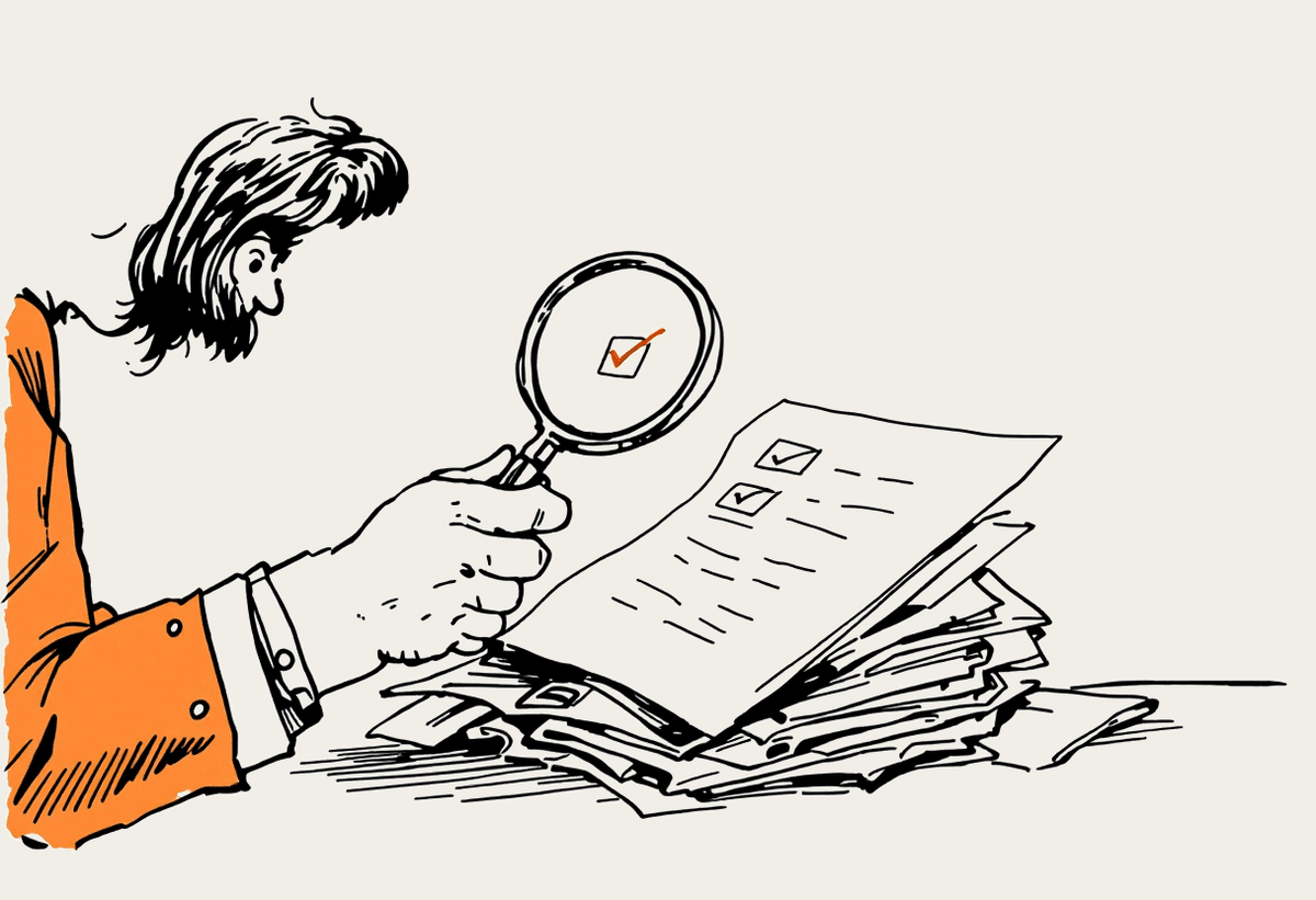 Hand-drawn illustration of a person examining a pile of papers with a magnifying glass