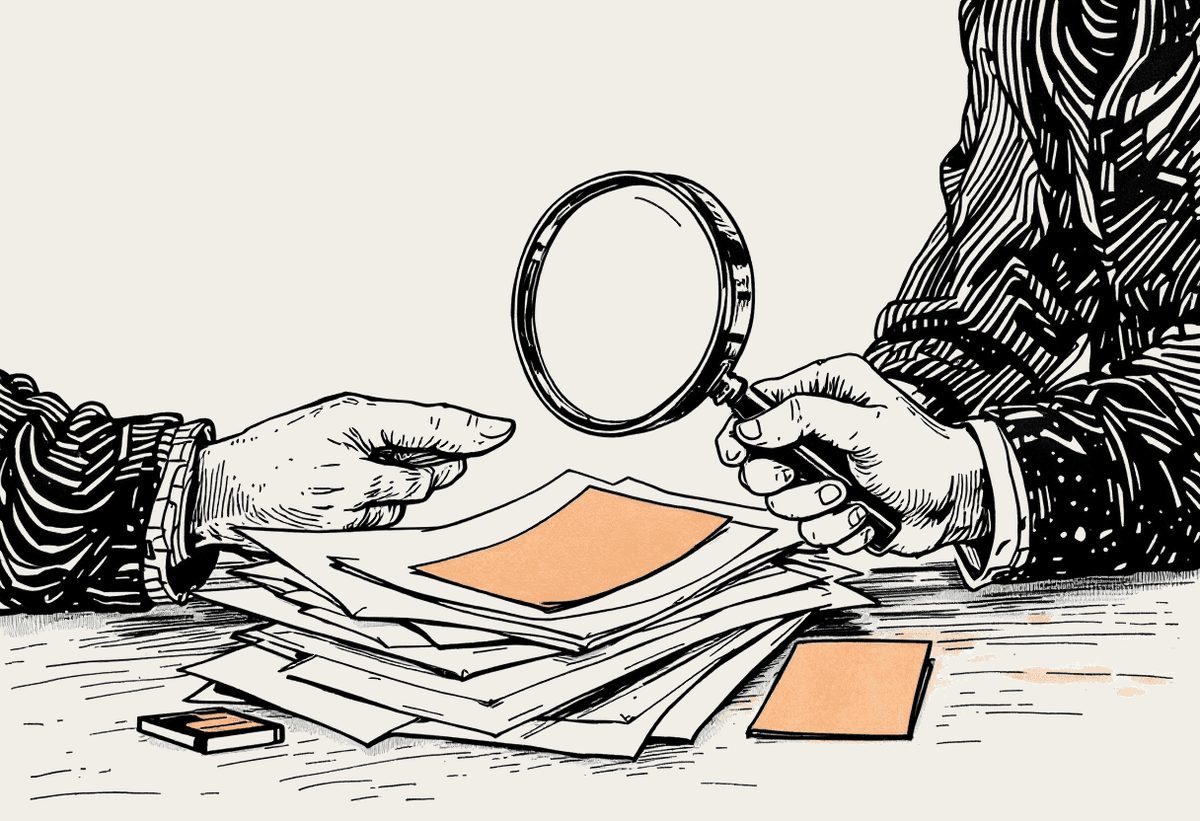 Hand-drawn illustration of a person examining a pile of documents with a magnifying glass