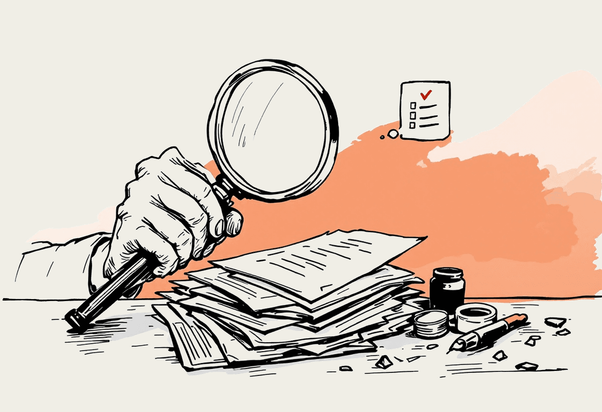 Hand-drawn illustration of a person examining a pile of papers with a magnifying glass, a thought bubble showing a small checklist