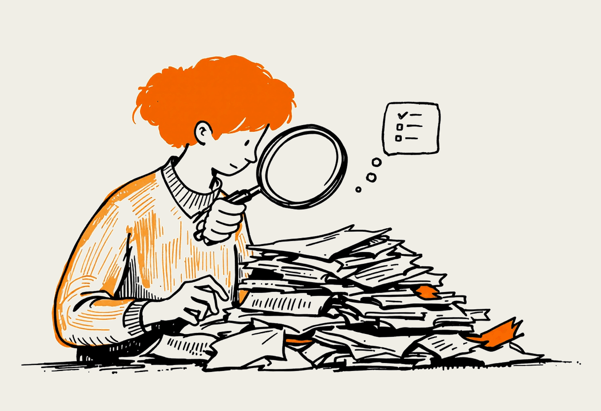 Hand-drawn illustration of a person examining a pile of papers with a magnifying glass