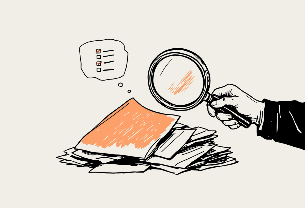 Hand-drawn illustration of a person inspecting a pile of documents with a magnifying glass