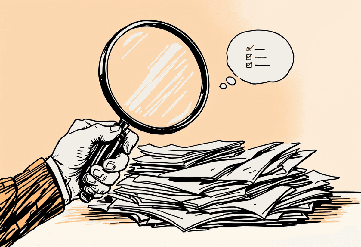 Hand-drawn illustration of a person inspecting a pile of papers with a magnifying glass, a checklist in a thought bubble
