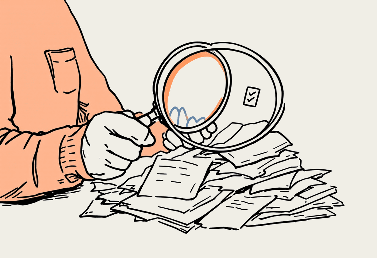 Hand-drawn illustration of a person examining a stack of papers with a magnifying glass beside a small checklist