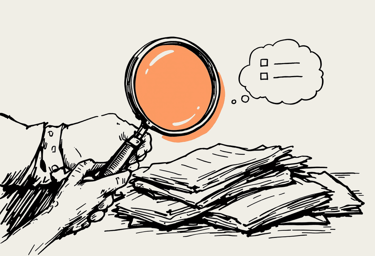 Hand-drawn illustration of a person examining factory paperwork with a magnifying glass