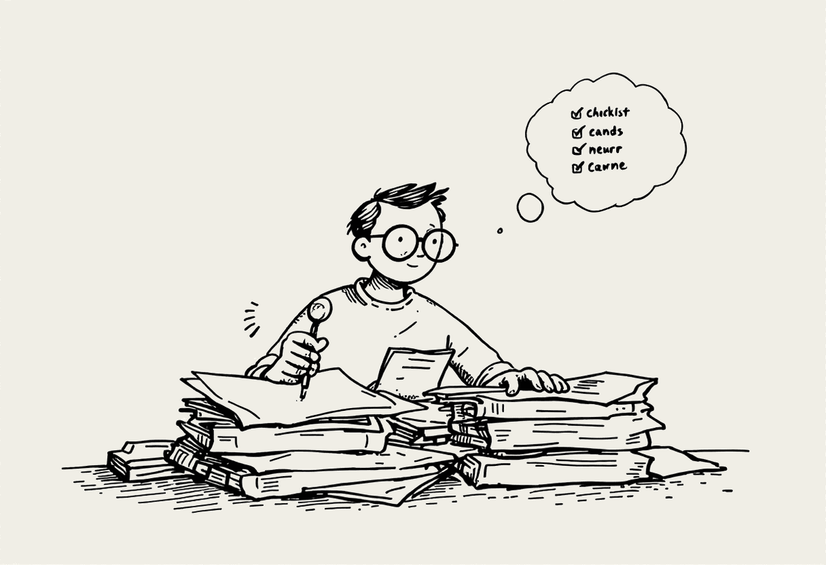 Hand-drawn illustration of a person examining benchmark claims with a magnifying glass