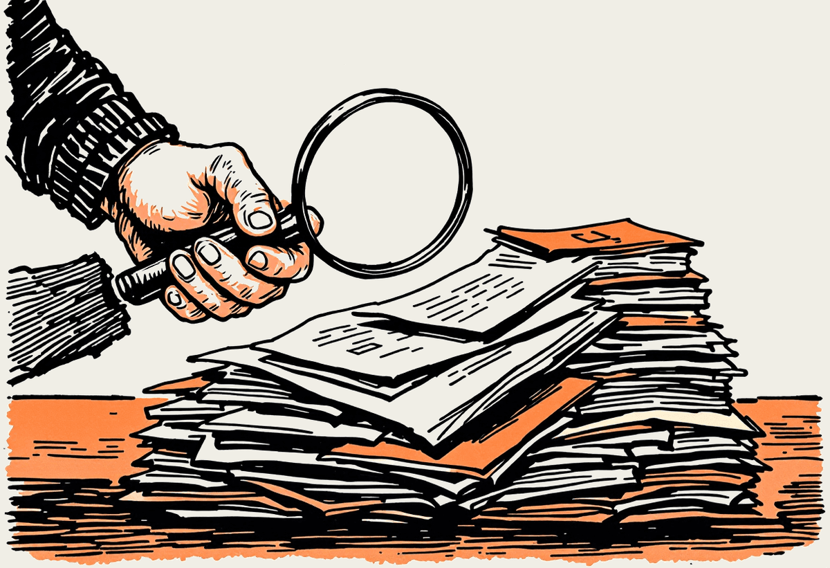 Hand-drawn illustration of a person inspecting a pile of documents with a magnifying glass