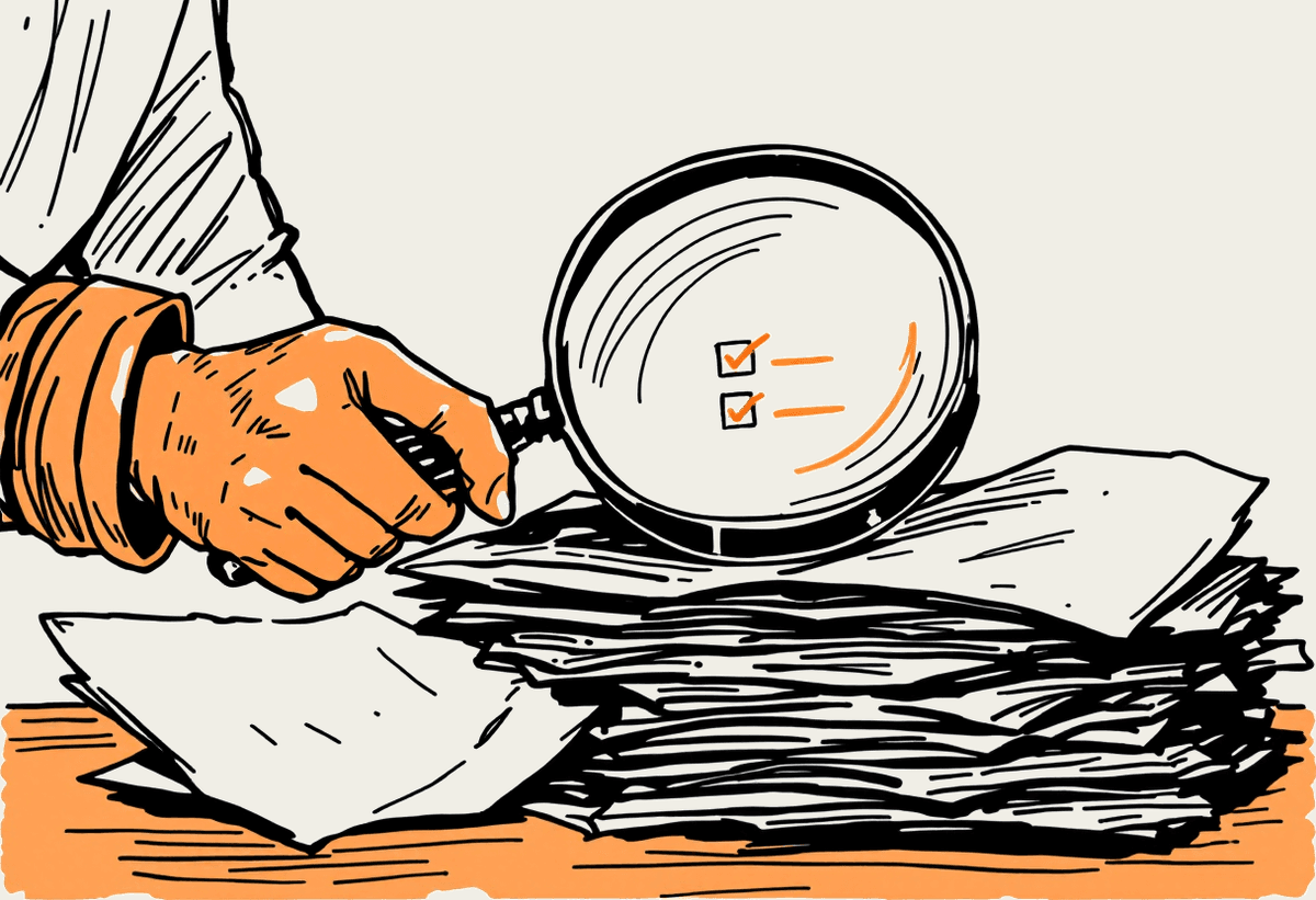 Hand-drawn illustration of a person inspecting a pile of papers with a magnifying glass, imagining a checklist