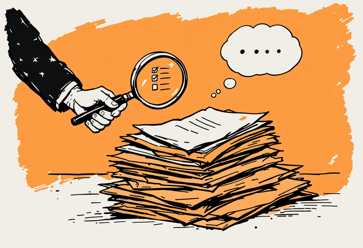 Hand-drawn illustration of a person reviewing a pile of papers with a magnifying glass, with a checklist in a thought bubble