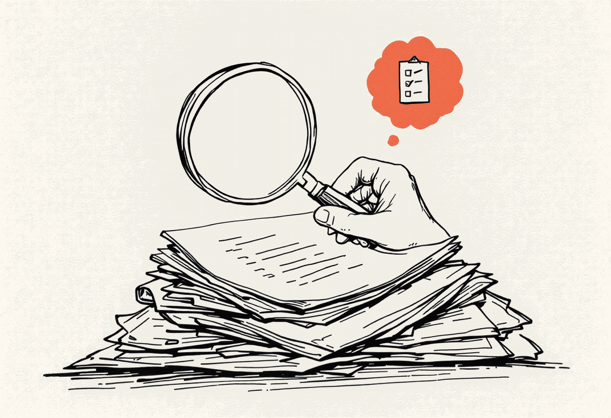 Hand-drawn illustration of a person examining a pile of papers with a magnifying glass, with a checklist in a thought bubble