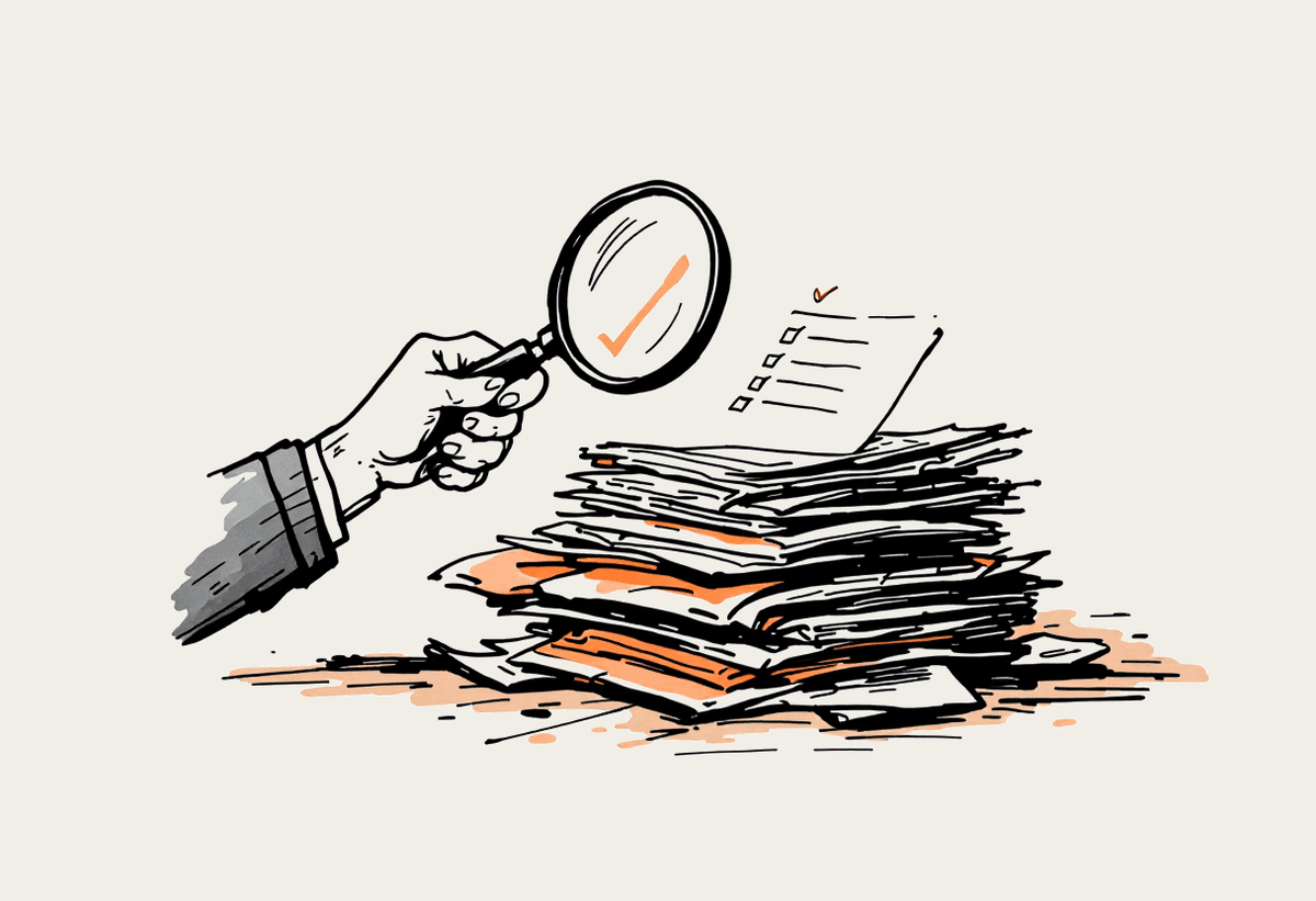 Hand-drawn illustration of a person inspecting a pile of papers with a magnifying glass, a thought bubble showing a small checklist