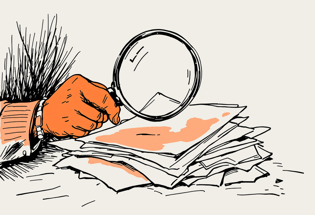 Hand-drawn illustration of a person reviewing a pile of property documents with a magnifying glass
