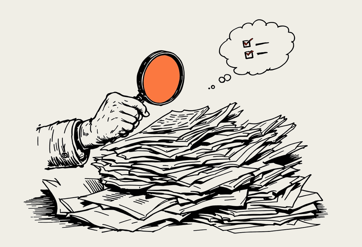 Hand-drawn illustration of a person examining papers with a magnifying glass, weighing up a decision checklist
