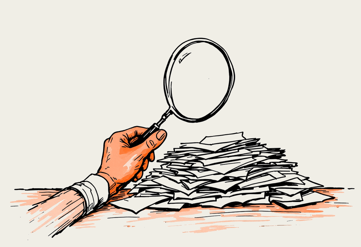 Hand-drawn illustration of an analyst examining a pile of papers with a magnifying glass