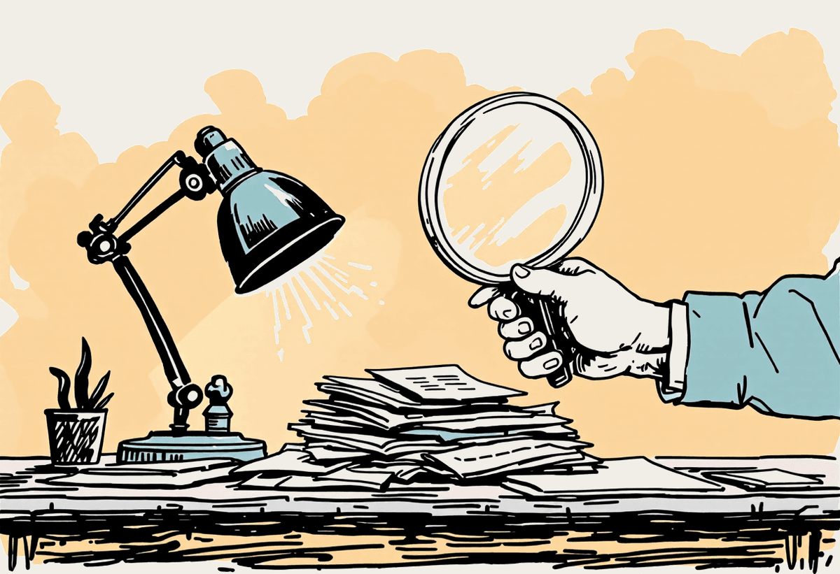 Hand-drawn illustration of a person examining a small stack of documents with a magnifying glass, a checklist in a thought bubble