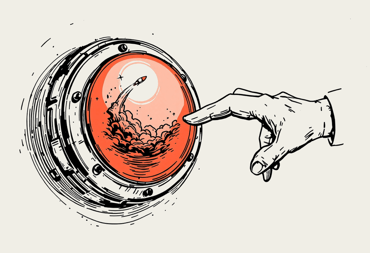 Person pressing a launch button with a rocket rising behind them — notebook illustration