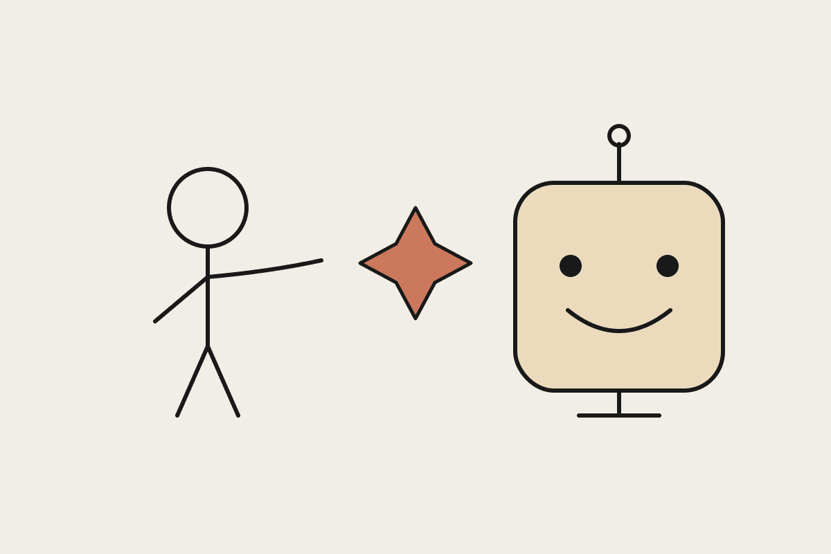 A person reaching toward a friendly robot with a warm spark between them, showing growing confidence with AI.