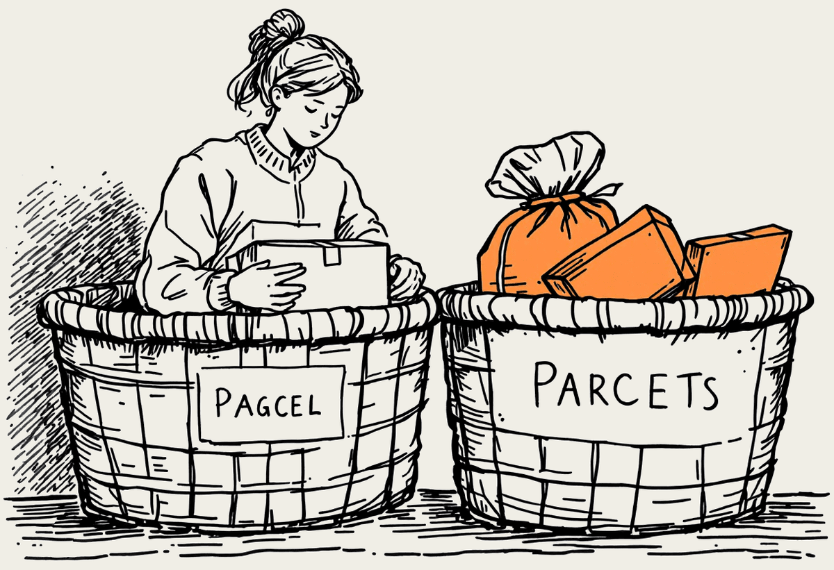 A retailer sorting tasks between two AI models, illustrated as parcels going into two baskets