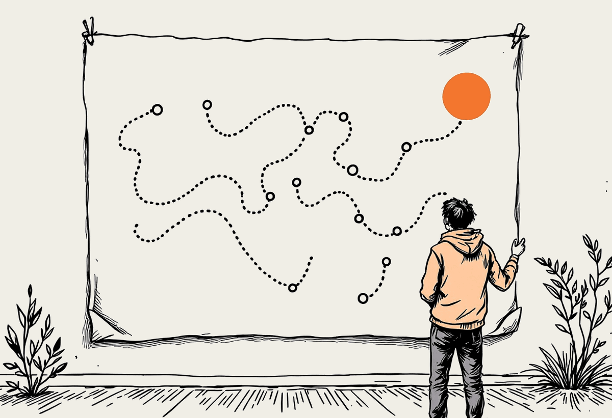 Hand-drawn illustration of a person studying a large map with winding paths between waypoints, one waypoint filled terracotta