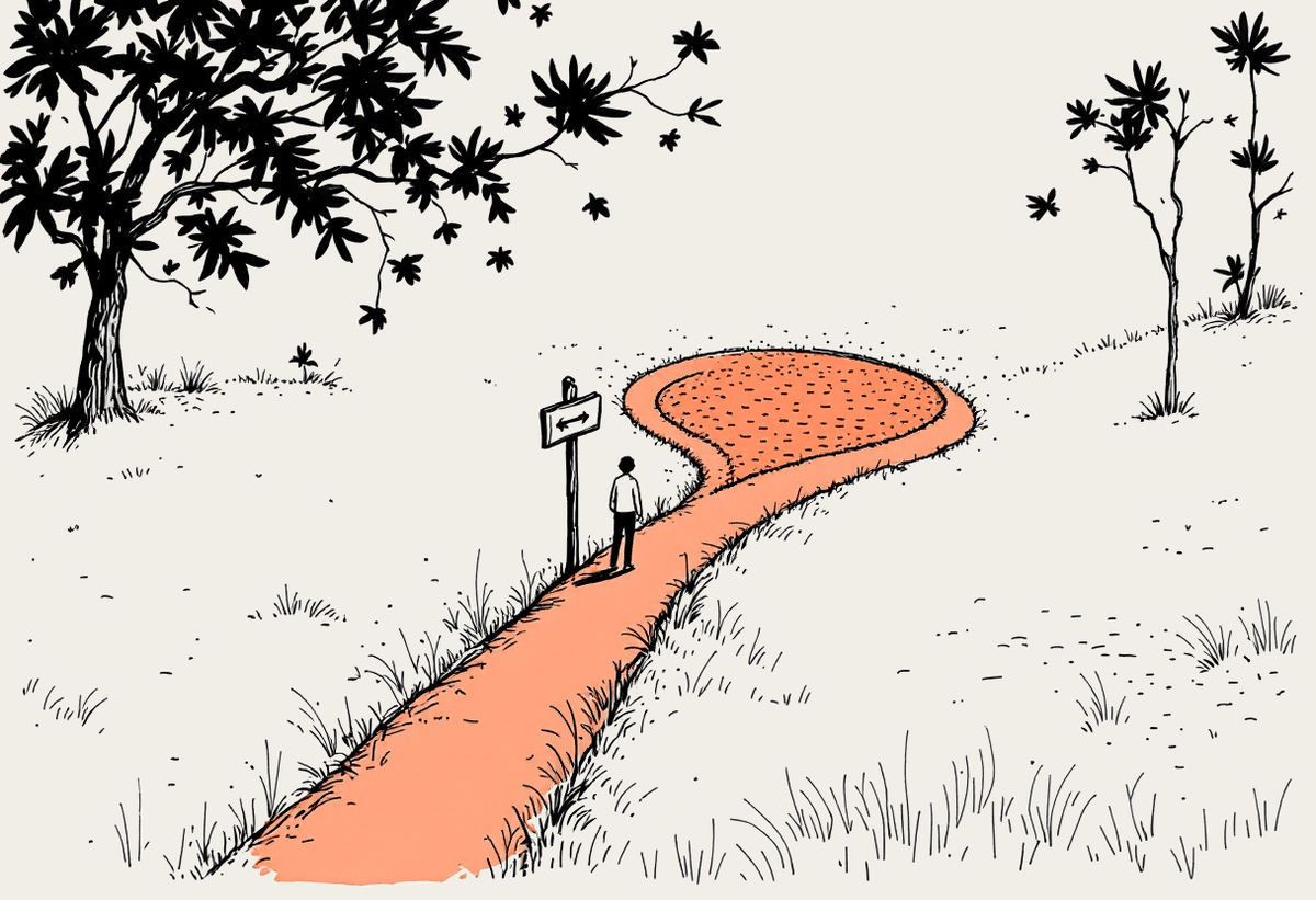 Hand-drawn illustration of a person at a forked path choosing between two directions