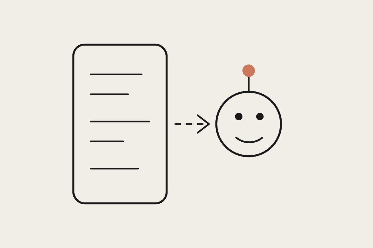 A phone full of message lines with a dotted arrow pointing to a friendly robot face
