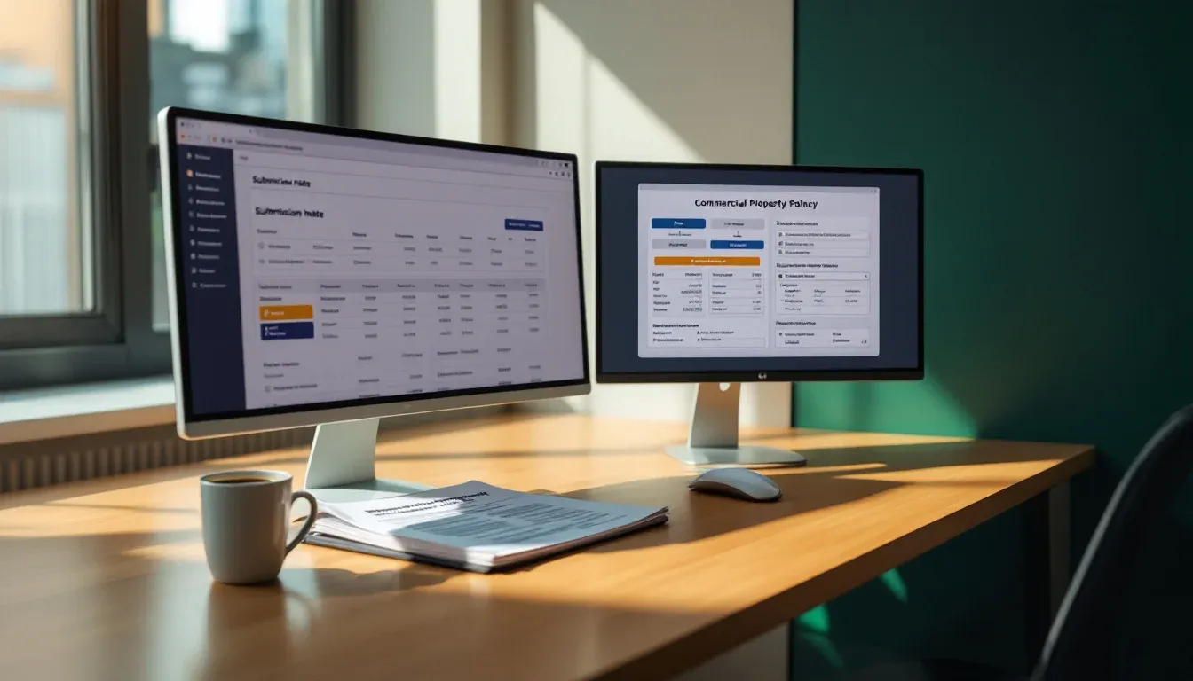 An Australian insurance underwriter's workstation in a Sydney CBD office, with twin monitors showing a structured submission intake card next to a paper policy file