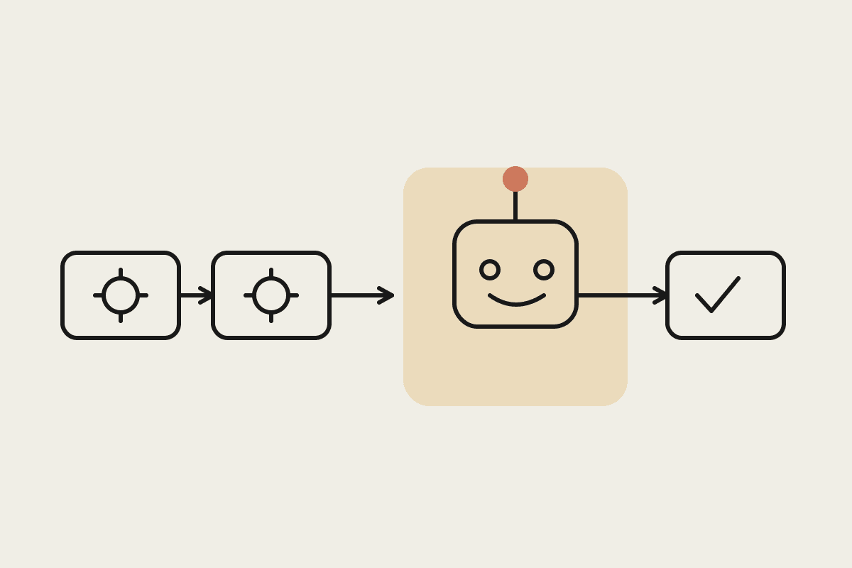 A Power Automate flow of rule boxes handing the reasoning step to a friendly Claude robot before finishing