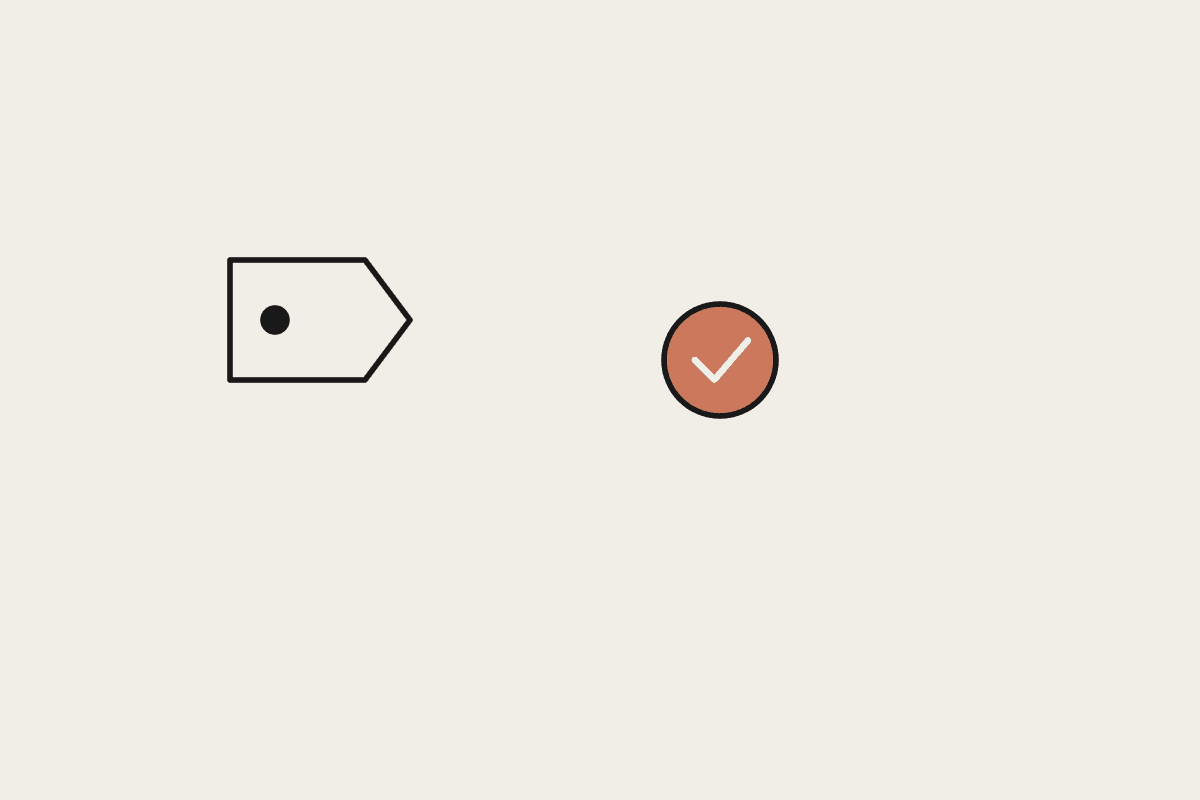 A price tag beside a terracotta check mark
