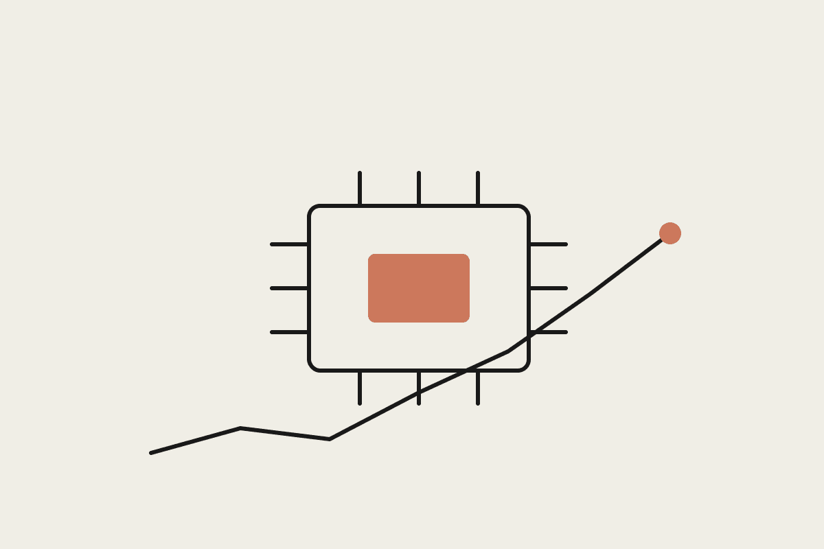 A processor chip illustration with a rising cost line, drawn in notebook style