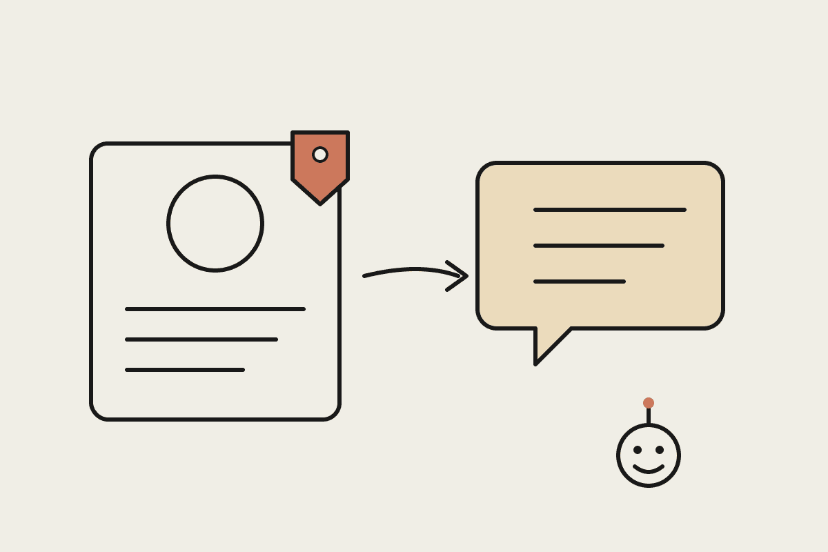 A product card with a terracotta price tag beside a chat bubble and a friendly Claude robot, illustrating product content and order queries