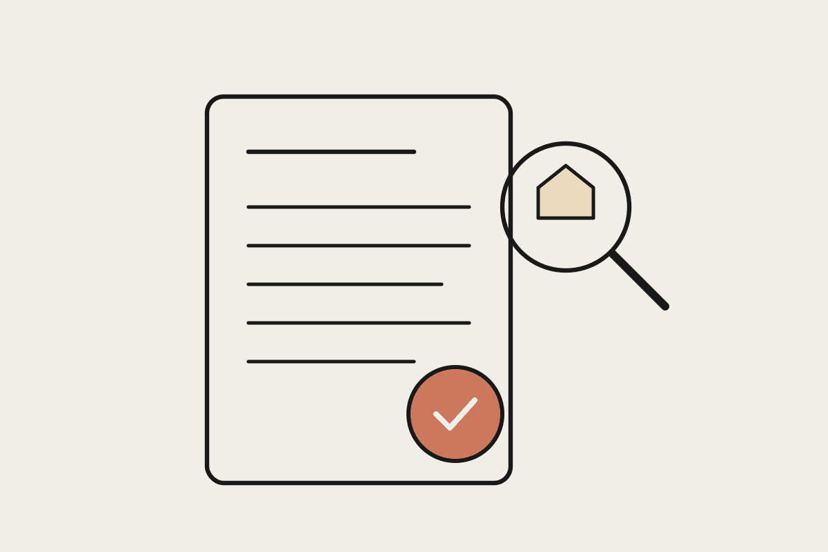 A property valuation report page beside a magnifying glass examining a small house and a terracotta approval stamp.