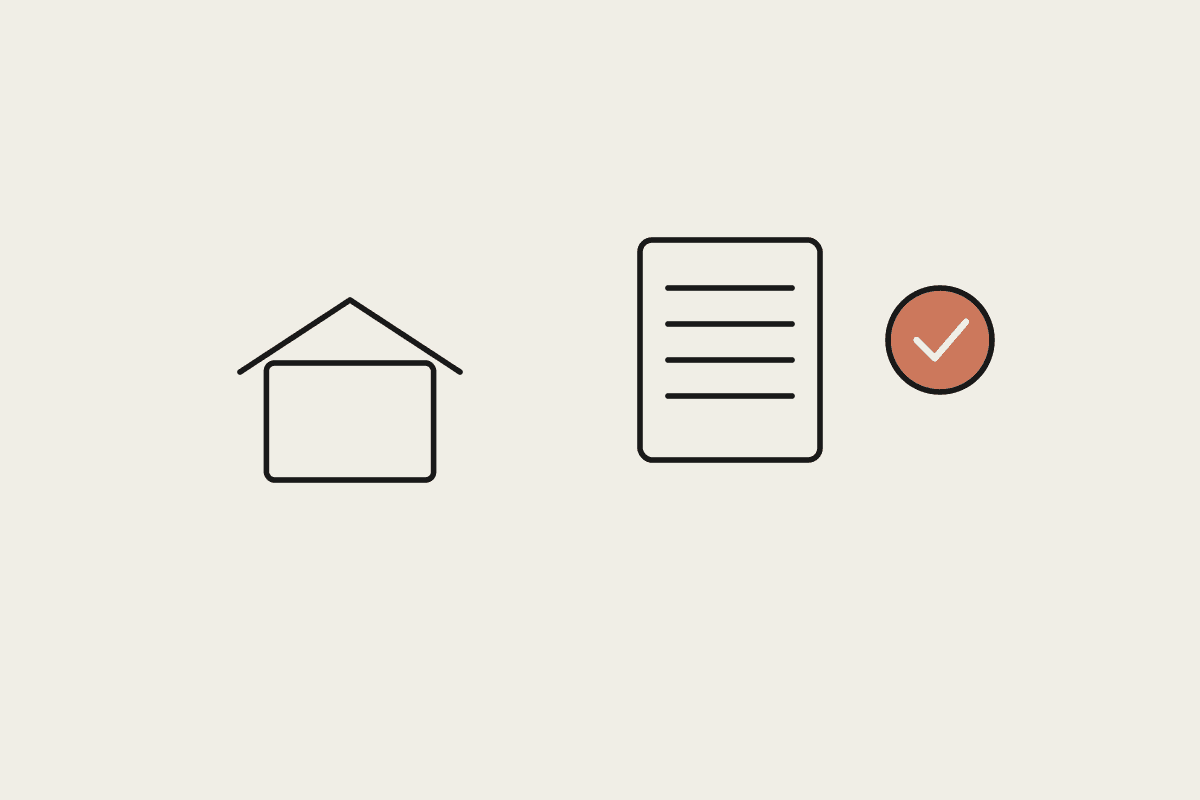 A public building, a document, and a terracotta check mark