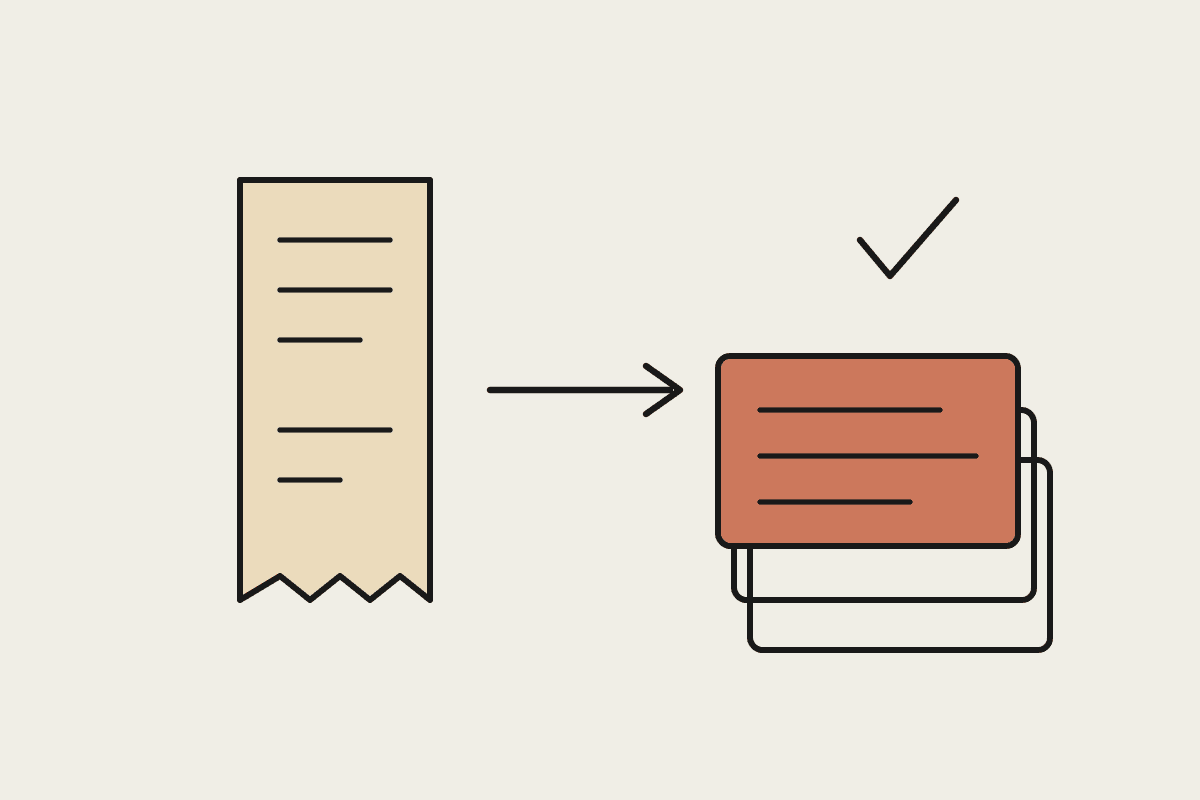 A receipt flowing into a tidy stack of coded documents, one sheet in terracotta