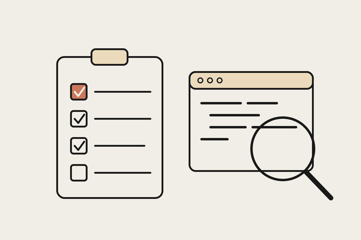 A review checklist beside a magnifying glass inspecting a code window, in the Automata notebook illustration style