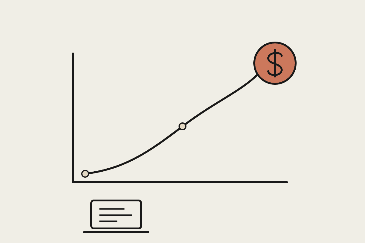 A rising line chart on ink axes climbing toward a terracotta dollar coin, with a laptop sketched at the desk below.