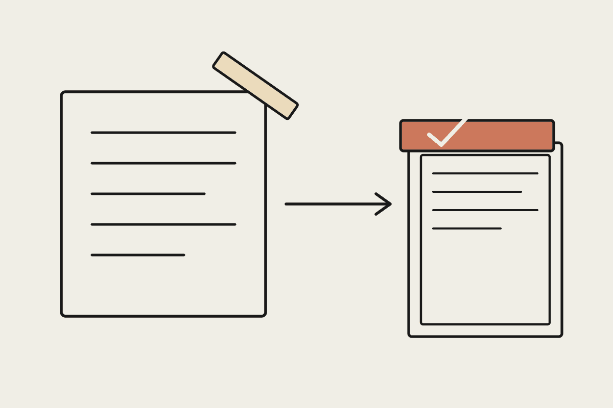 A rolled site plan with a ruler measuring across it, an arrow leading to a finished cost report with a terracotta cover sheet and checkmark.