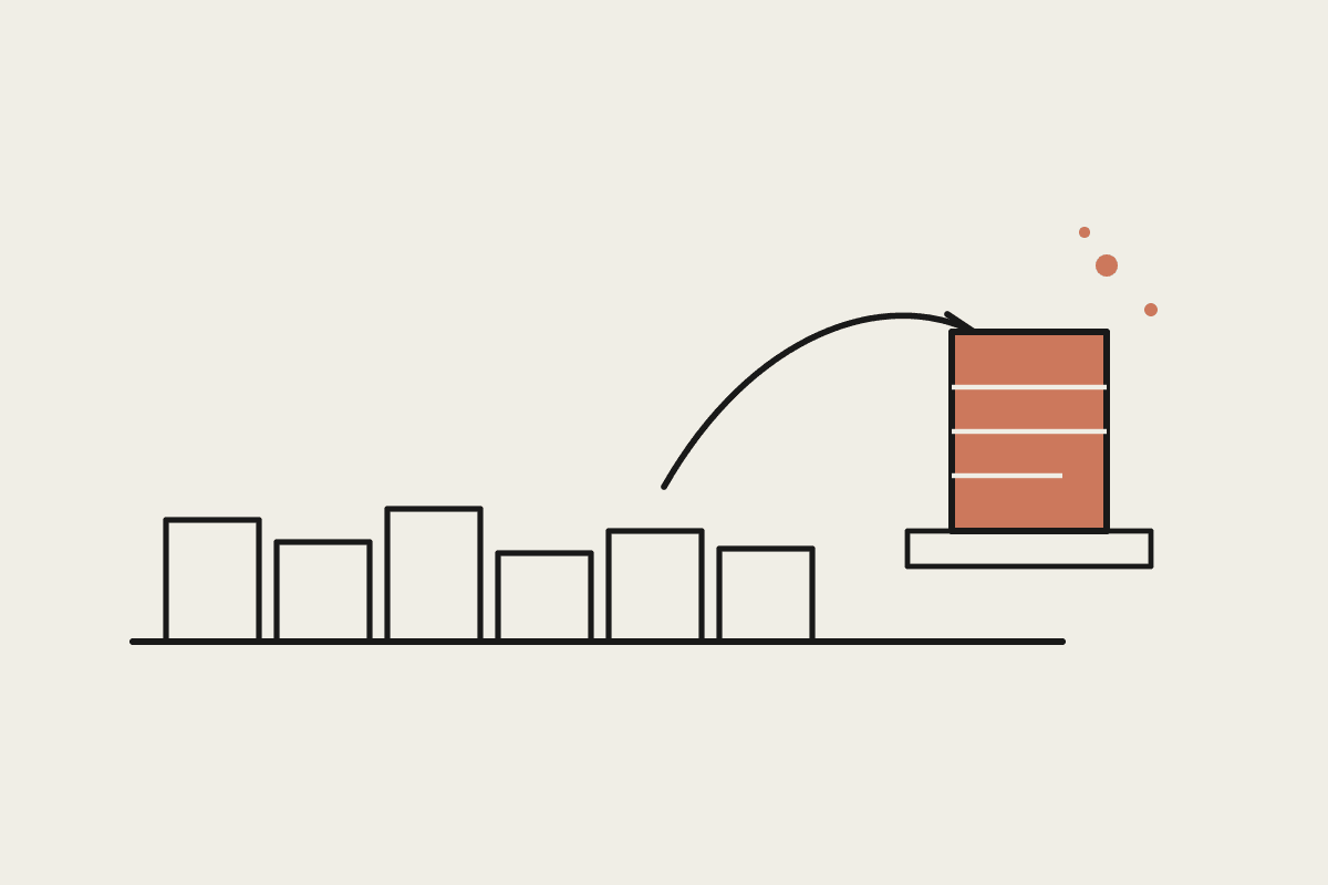 A row of plain outlined boxes on a shelf, with one box pulled forward and filled in terracotta to represent choosing a single stable AI model.