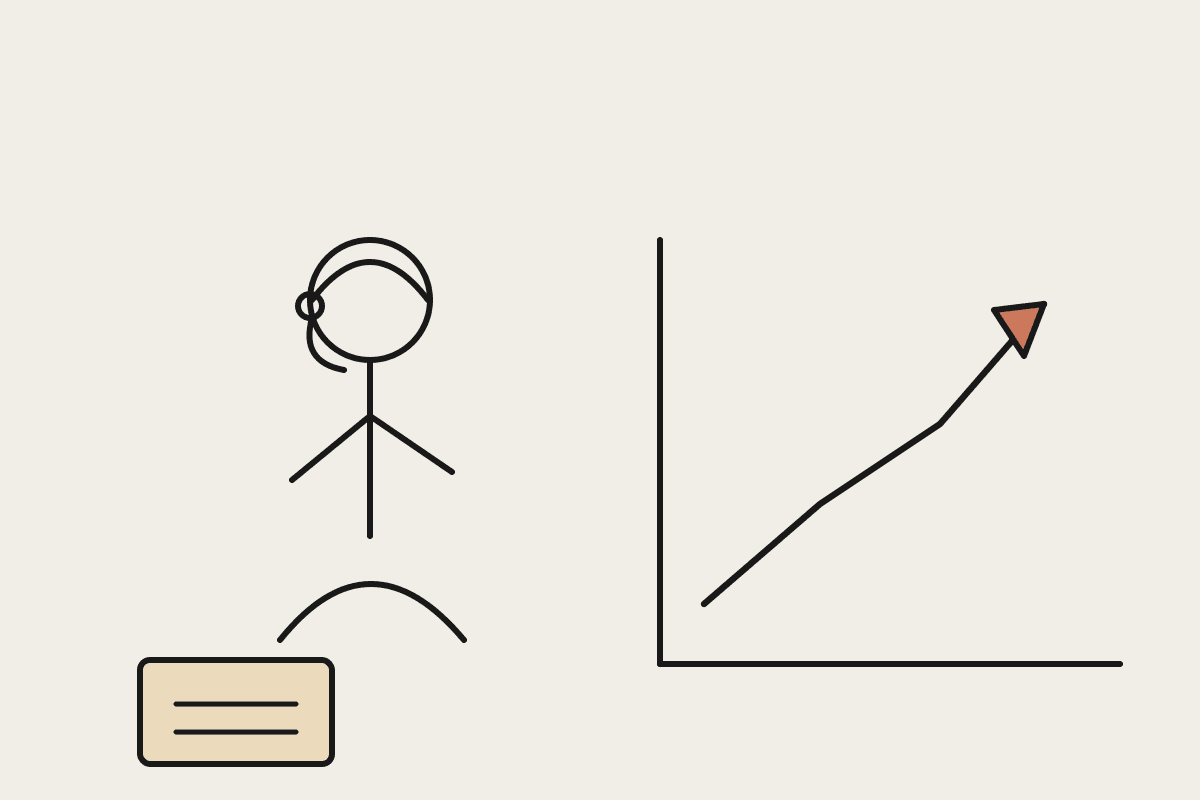 A sales rep wearing a headset stands beside a tray of finished admin while a chart line rises to a terracotta arrow, showing time returned to selling.