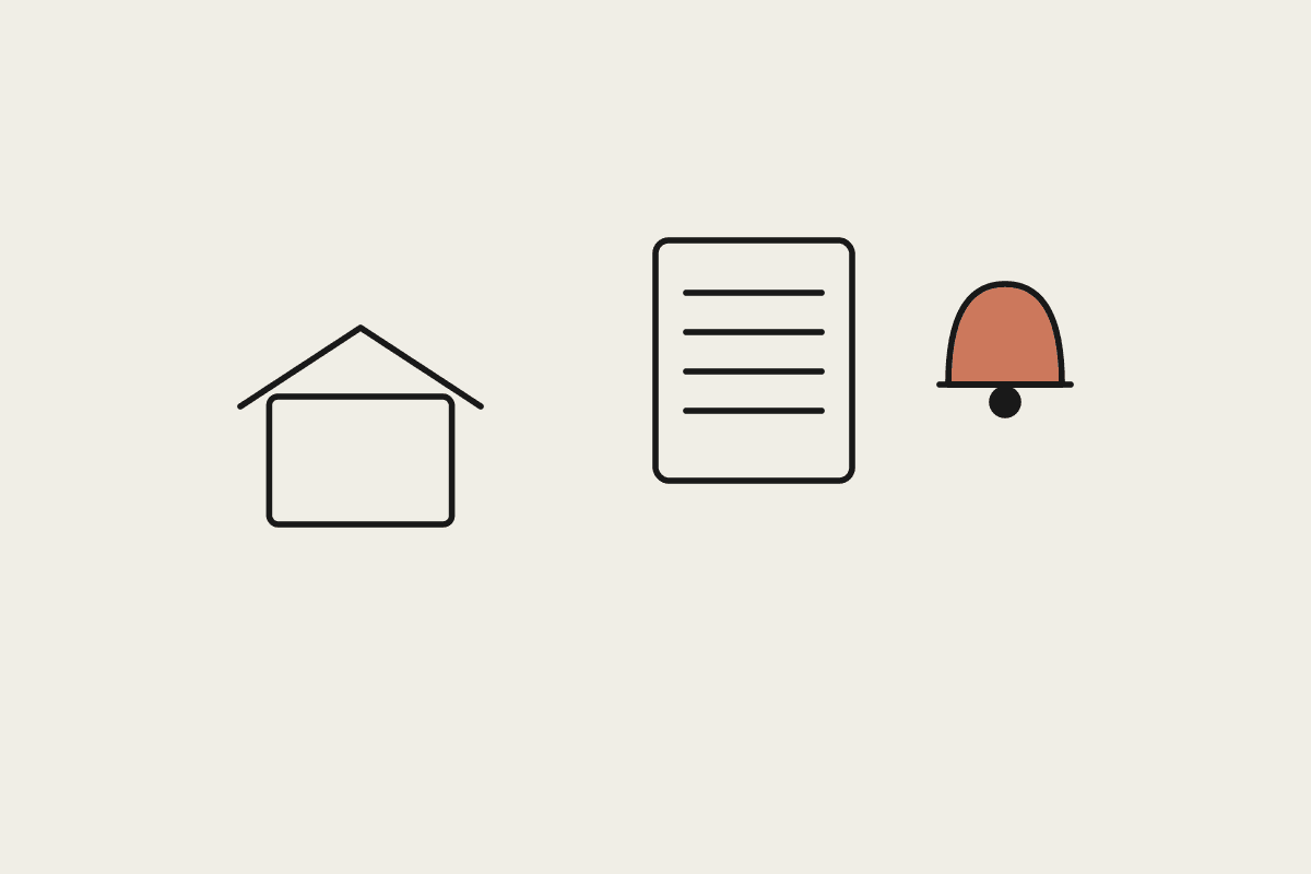 A school building, a document, and a terracotta bell
