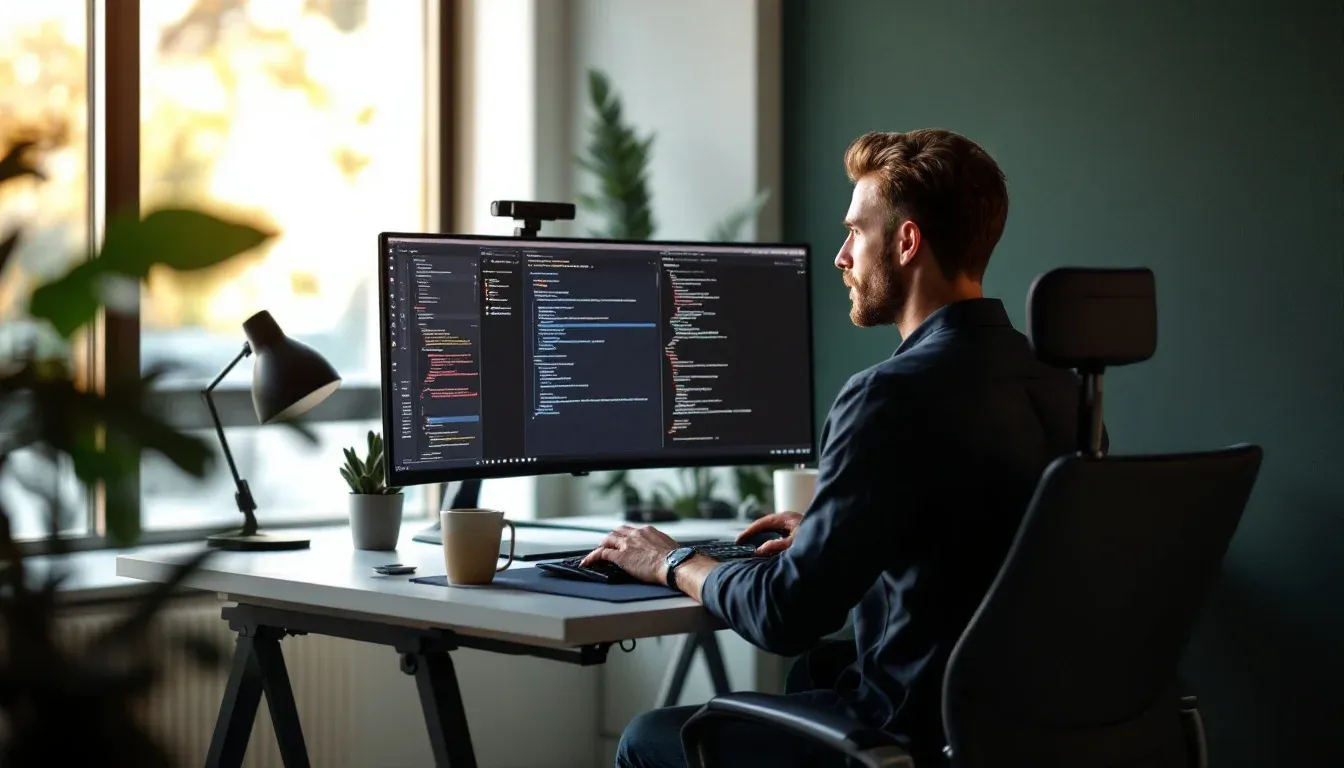 Engineer reviewing a large monorepo on a wide monitor in a Sydney office