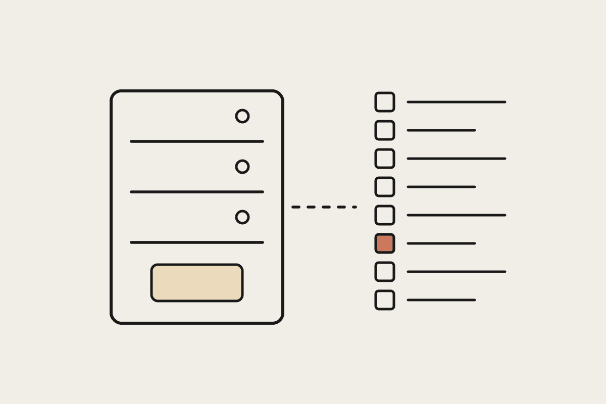 A server rack linked by a dashed line to an eight-item checklist with one box still highlighted