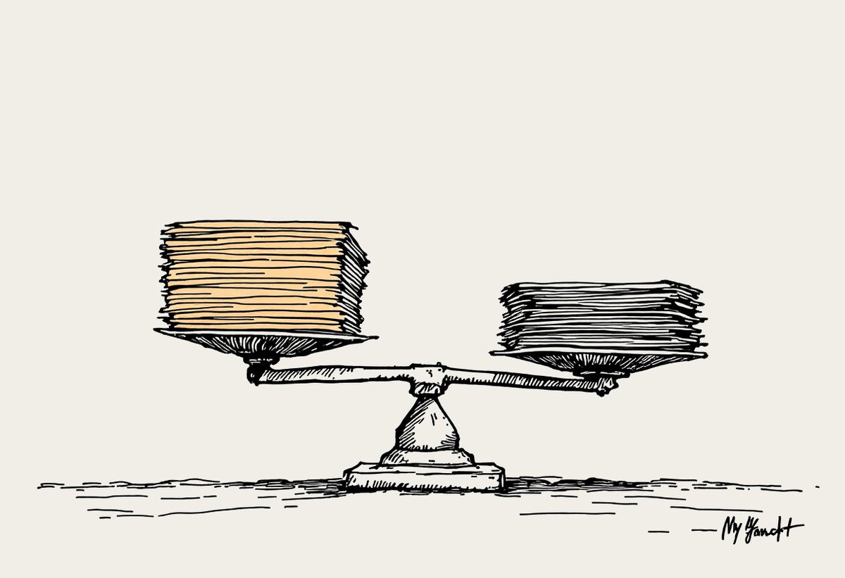 Balance scales weighing two stacks of paper, one side filled in terracotta