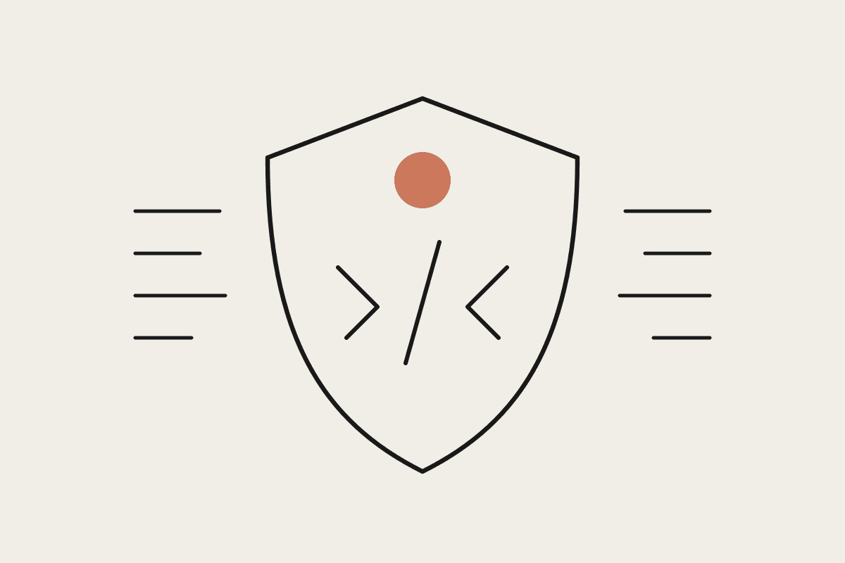 A shield with a terracotta seal at its centre, flanked by lines of code being scanned
