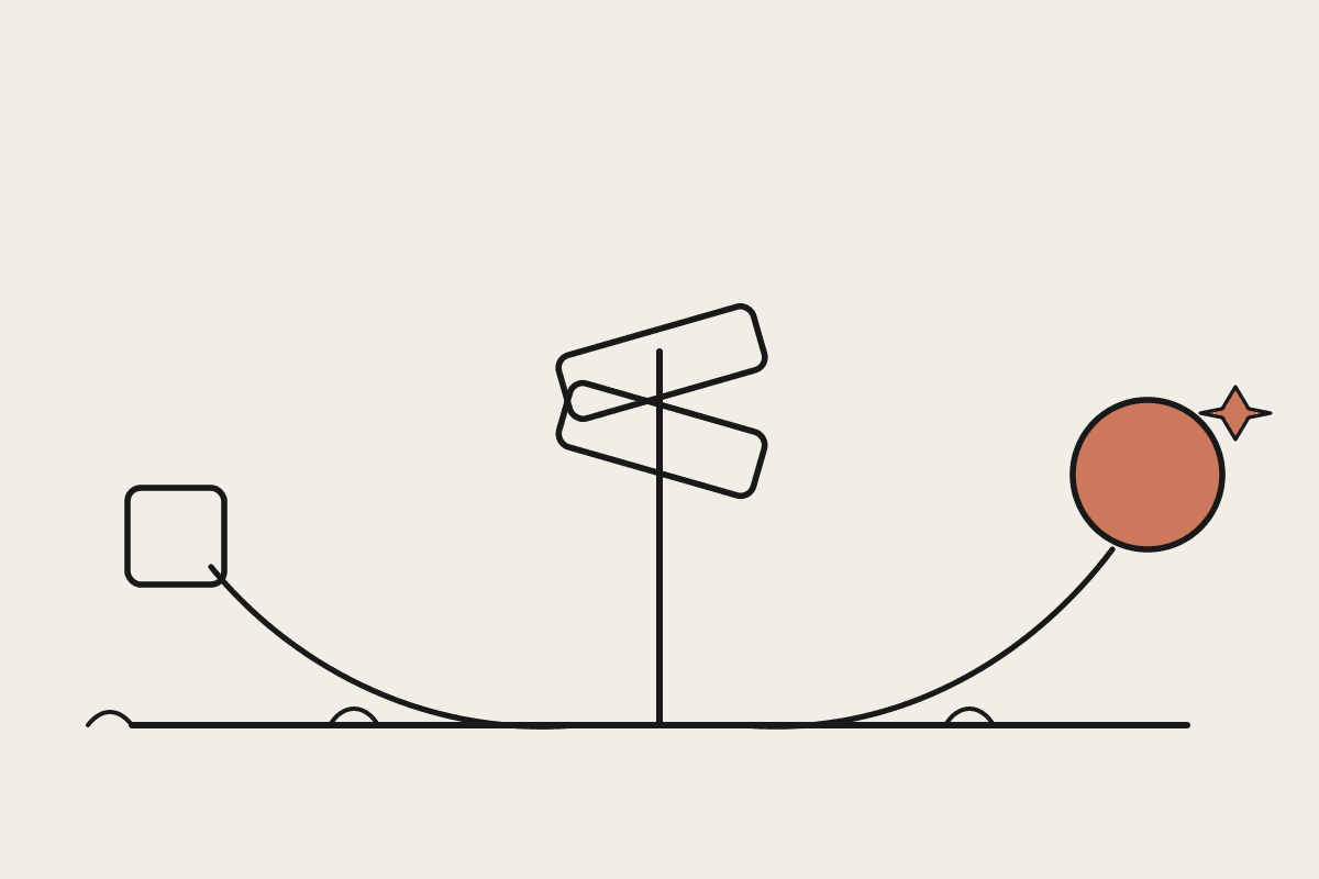 A signpost on cream paper forking toward a plain outlined box on one side and a warm terracotta circle with a sparkle on the other, representing a choice between two AI tools.
