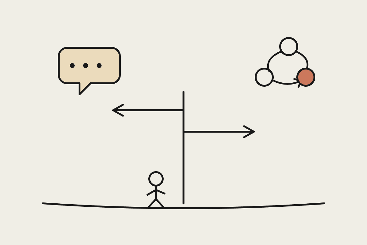 A signpost pointing two ways: left to a chat speech bubble, right to a three-step automation loop with one terracotta node, and a small figure choosing at the base.