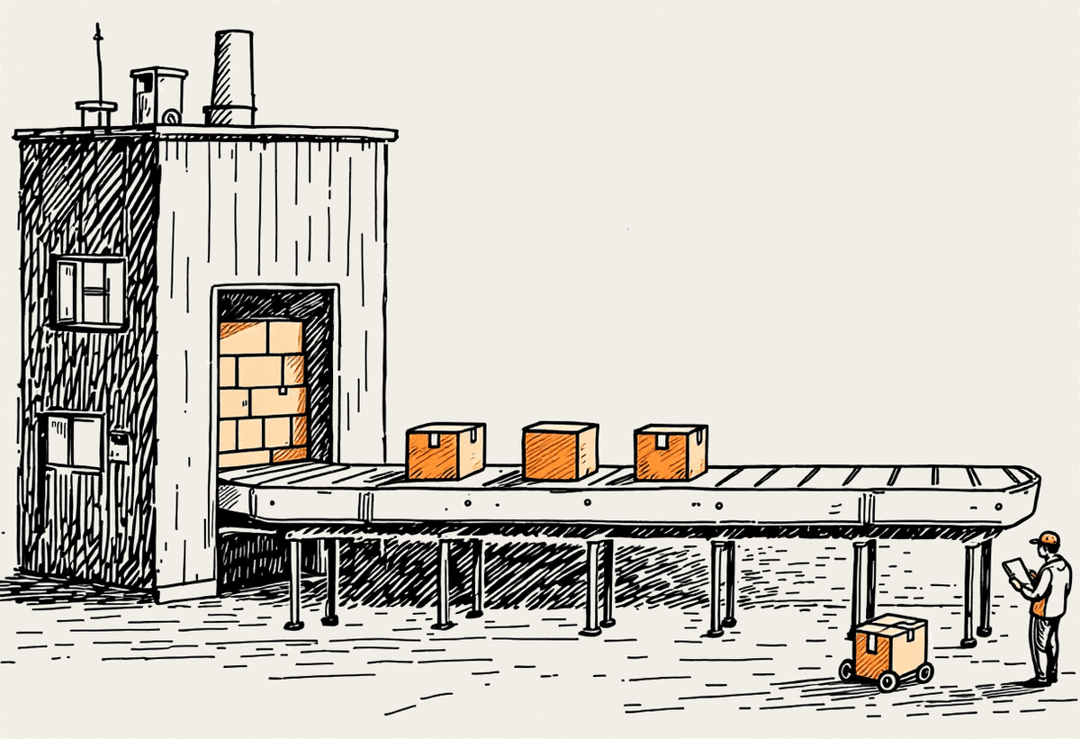Hand-drawn factory line with a worker checking boxes on a conveyor