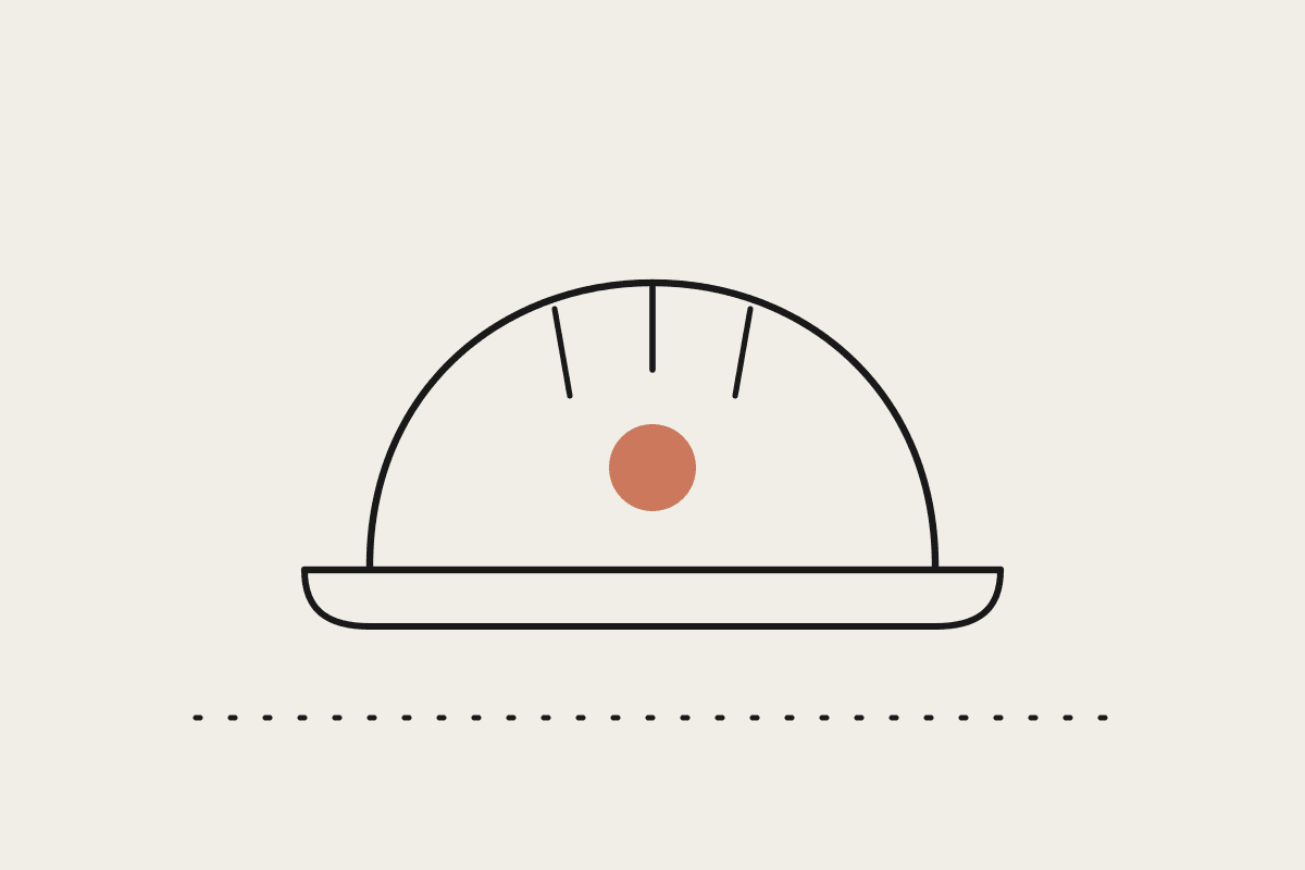 A simple line drawing of a builder's hard hat with a terracotta badge, standing for trades owners adopting AI
