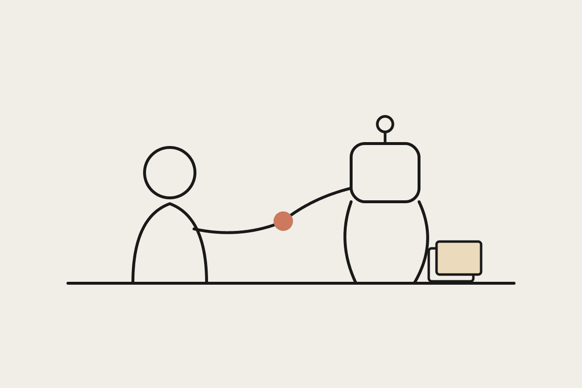 A simple line drawing of a person handing a task card across a desk to a small robot-shaped agent, with a terracotta spark where their hands meet