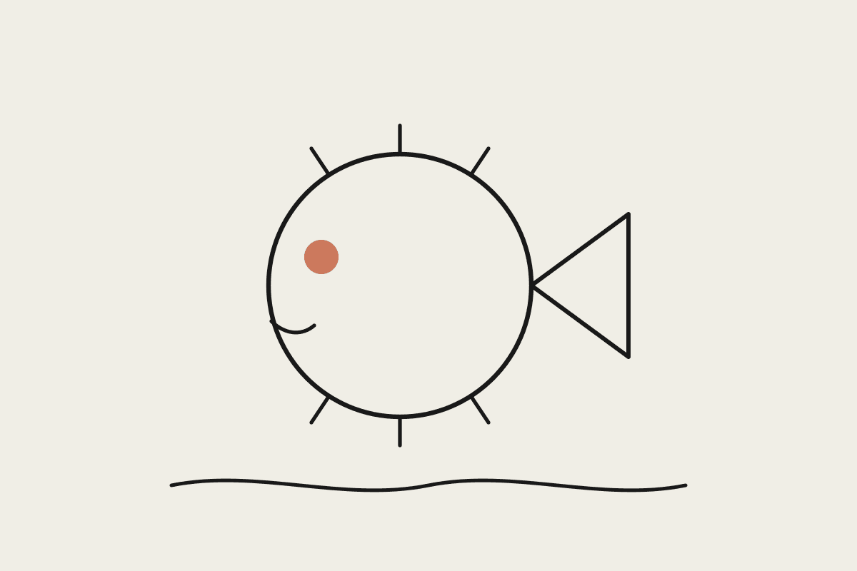 A simple line drawing of a round pufferfish with short spines floating above a wave line, referencing the Fugu model name