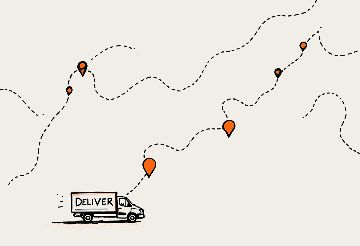 Hand-drawn map of supply chain delivery routes connecting several depots and locations