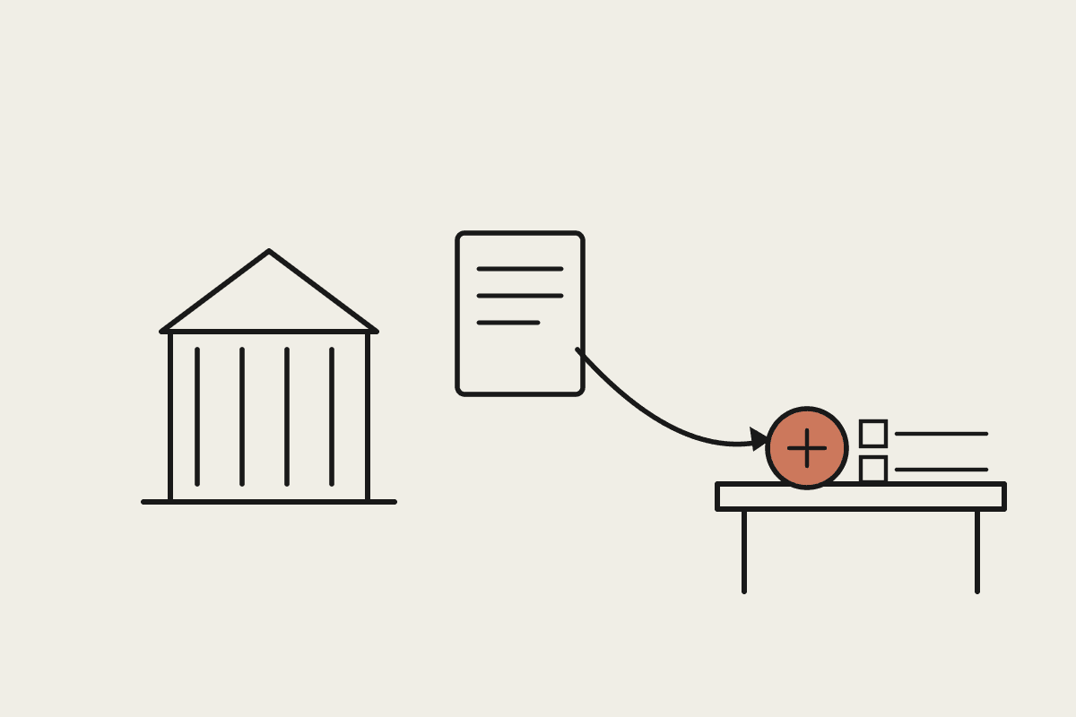 A simplified government building sends a policy document to a business desk holding a coin and a checklist